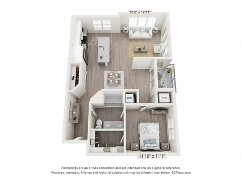 Floor plan for 1 bed, 1 bath, 894 sqft